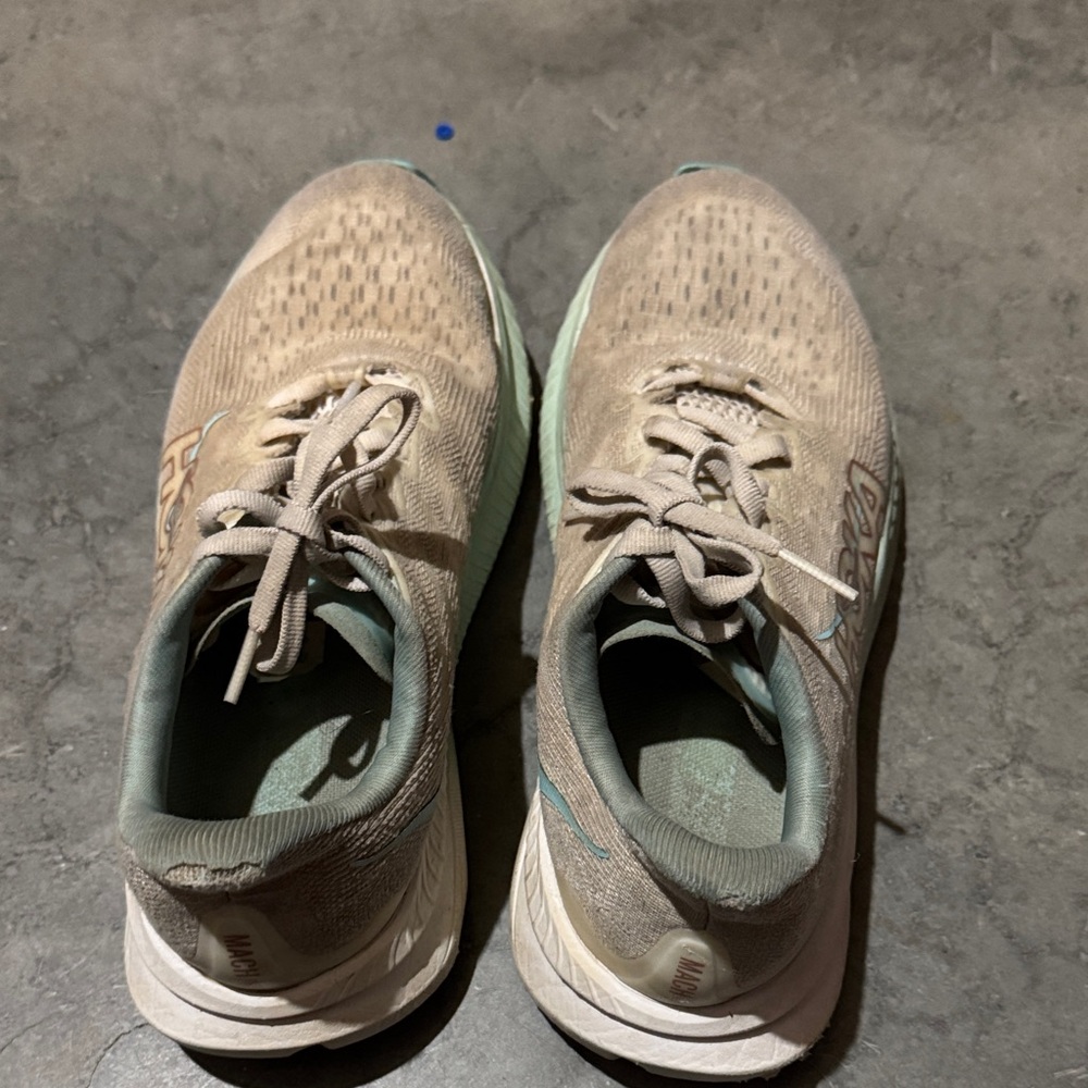 Hoka Beige and Teal Running Shoes